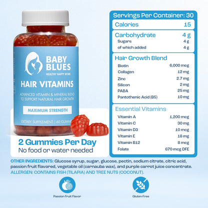Hair Vitamins supplement facts, 2 gummies per day with biotin 6,000 mcg and collagen 12 mg