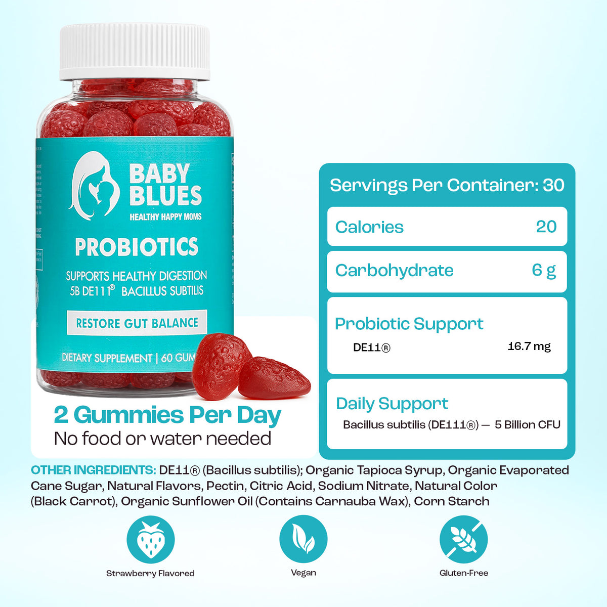 Mom Probiotics supplement facts, 5 billion CFU DE111
